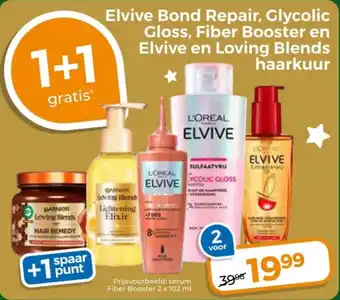 Trekpleister Elvive Bond Repair, Glycolic Gloss, Fiber Booster en Elvive en Loving Blends haarkuur aanbieding