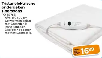 Trekpleister Tristar elektrische onderdeken 1-persoons PD-8978E aanbieding