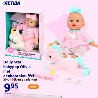 Action Dolly Star babypop Olivia met eenhoornknuffel aanbieding