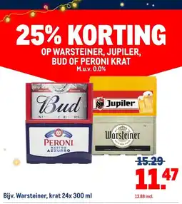 Makro WARSTEINER, JUPILER, BUD OF PERONI KRAT aanbieding