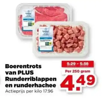 PLUS Boerentrots van PLUS Runderriblappen en runderhachee aanbieding