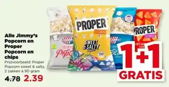 PLUS Alle Jimmy's Popcorn en Proper Popcorn en chips aanbieding