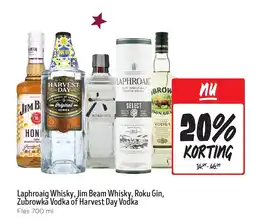 Jumbo Laphroaig Whisky, Jim Beam Whisky, Roku Gin, Zubrowka Vodka of Harvest Day Vodka aanbieding