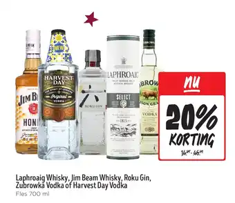 Jumbo Laphroaig Whisky, Jim Beam Whisky, Roku Gin, Zubrowka Vodka of Harvest Day Vodka aanbieding