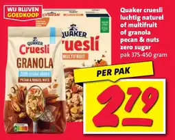 Nettorama Quaker cruesli luchtig naturel of multifruit of granola pecan & nuts zero sugar aanbieding