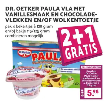 Coop DR. OETKER PAULA VLA MET VANILLESMAAK EN CHOCOLADE- VLEKKEN EN/OF WOLKENTOETJE aanbieding