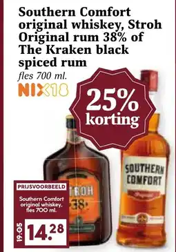 Coop Southern Comfort original whiskey, Stroh Original rum 38% of The Kraken black spiced rum aanbieding