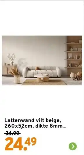 GAMMA Lattenwand vilt beige, 260x52cm, dikte 8mm 2.70m² 2 stuks aanbieding