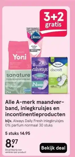 Etos Alle A-merk maandver- band, inlegkruisjes en incontinentieproducten aanbieding