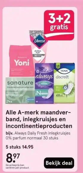 Etos Alle A-merk maandver- band, inlegkruisjes en incontinentieproducten aanbieding
