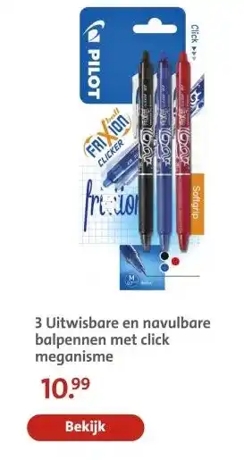 Bruna 3 Uitwisbare en navulbare balpennen met click meganisme aanbieding