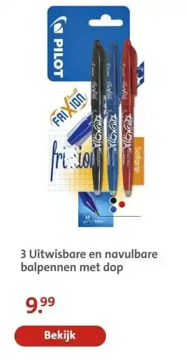 Bruna 3 Uitwisbare en navulbare balpennen met dop aanbieding