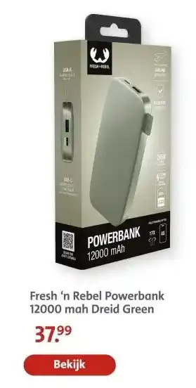 Bruna Fresh 'n Rebel Powerbank 12000 mah Dreid Green aanbieding