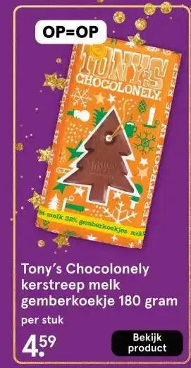 Etos Tony's Chocolonely kerstreep melk gemberkoekje 180 gram aanbieding