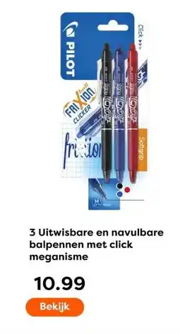 The Read Shop 3 Uitwisbare en navulbare balpennen met click meganisme aanbieding