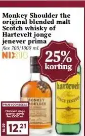MCD Supermarkt Monkey Shoulder the original blended malt Scotch whisky of Hartevelt jonge jenever prima aanbieding