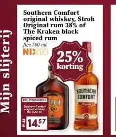 MCD Supermarkt Southern Comfort original whiskey, Stroh Original rum 38% of The Kraken black spiced rum aanbieding