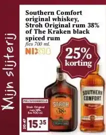MCD Supermarkt Southern Comfort original whiskey, Stroh Original rum 38% of The Kraken black spiced rum aanbieding