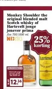 MCD Supermarkt Monkey Shoulder the original blended malt Scotch whisky of Hartevelt jonge jenever prima aanbieding