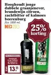 Boon`s Markt Hooghoudt jonge dubbele graanjenever, brandewijn citroen, zachtbitter of kalmoes beerenburg aanbieding