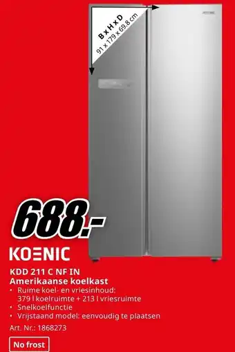 MediaMarkt KOENIC KDD 211 C NF IN Amerikaanse koelkast aanbieding