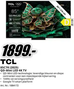 MediaMarkt TCL 85C7K 2025 QD-Mini LED 4K TV aanbieding