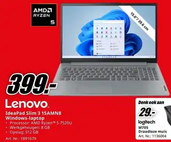 MediaMarkt Lenovo IdeaPad Slim 3 15AMN8 Windows-laptop aanbieding
