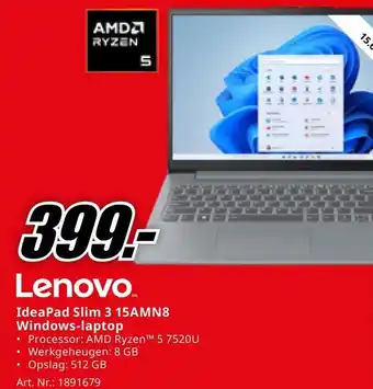 MediaMarkt Lenovo IdeaPad Slim 3 15AMN8 Windows-laptop aanbieding