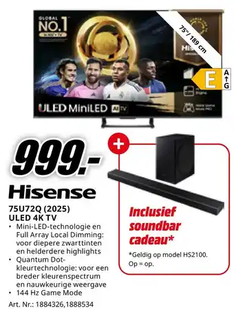 MediaMarkt Hisense 75U72Q (2025) ULED 4K TV aanbieding