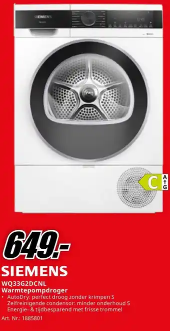 MediaMarkt SIEMENS WQ33G2DCNL Warmtepompdroger aanbieding