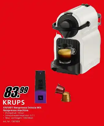 MediaMarkt KRUPS XN1001 Nespresso Inissia Wit Nespresso machine aanbieding