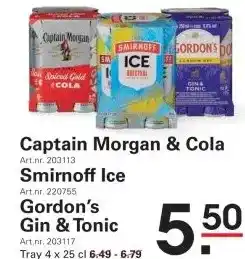 Sligro Captain Morgan & Cola Art.nr. 203113 Smirnoff Ice Art.nr. 220755 Gordon's Gin & Tonic aanbieding