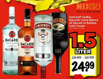 Vomar Voordeelmarkt Smirnoff Vodka, Bacardi Carta Blanca of Spiced of Baileys Irish Cream aanbieding