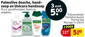 Kruidvat Palmolive douche, handzeep en Unicura handzeep aanbieding