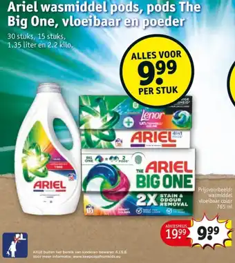Kruidvat Ariel wasmiddel pods, pods The Big One, vloeibaar en poeder aanbieding