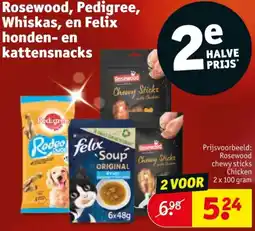 Kruidvat Rosewood, Pedigree, Whiskas, en Felix honden en kattensnacks aanbieding
