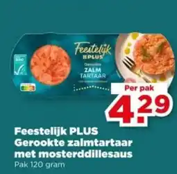 PLUS Feestelijk PLUS Gerookte zalmtartaar met mosterddillesaus aanbieding