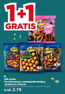 PLUS Alle Aviko Pom'Duchesse, aardappelkroketjes, -gratins en churros aanbieding