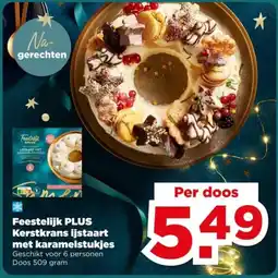 PLUS Feestelijk PLUS Kerstkrans ijstaart met karamelstukjes aanbieding