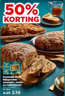 PLUS Feestelijk PLUS Rijkgevulde amandel-, noten- en volkorenstol aanbieding
