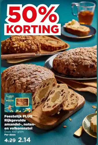 PLUS Feestelijk PLUS Rijkgevulde amandel-, noten- en volkorenstol aanbieding