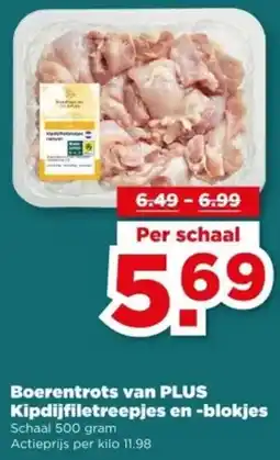 PLUS Boerentrots van PLUS Kipdijfiletreepjes en blokjes aanbieding