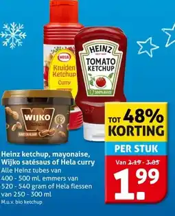 Hoogvliet Heinz ketchup, mayonaise, Wijko satésaus of Hela curry aanbieding