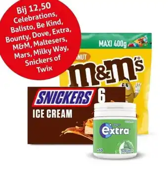 Hoogvliet Celebrations, Balisto, Be Kind, Bounty, Dove, Extra, M&M, Maltesers, Mars, Milky Way, Snickers of Twix aanbieding