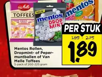 Vomar Voordeelmarkt Mentos Rollen, Dropmint- of Peper- muntballen of Van Melle Toffees aanbieding