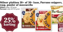 MCD Supermarkt Milner plakken 20+ of 30+ kaas, Parrano snippers, rasp, poeder of mozzarella aanbieding