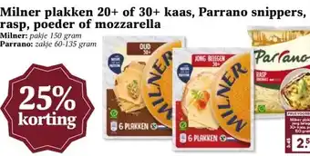 MCD Supermarkt Milner plakken 20+ of 30+ kaas, Parrano snippers, rasp, poeder of mozzarella aanbieding