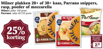 Coop Milner plakken 20+ of 30+ kaas, Parrano snippers, rasp, poeder of mozzarella aanbieding