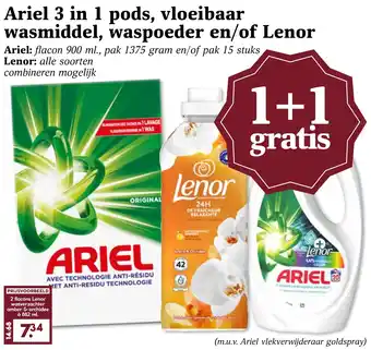 Coop Ariel 3 in 1 pods, vloeibaar wasmiddel, waspoeder en/of Lenor aanbieding