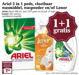 Boon`s Markt Ariel 3 in 1 pods, vloeibaar wasmiddel, waspoeder en/of Lenor aanbieding
